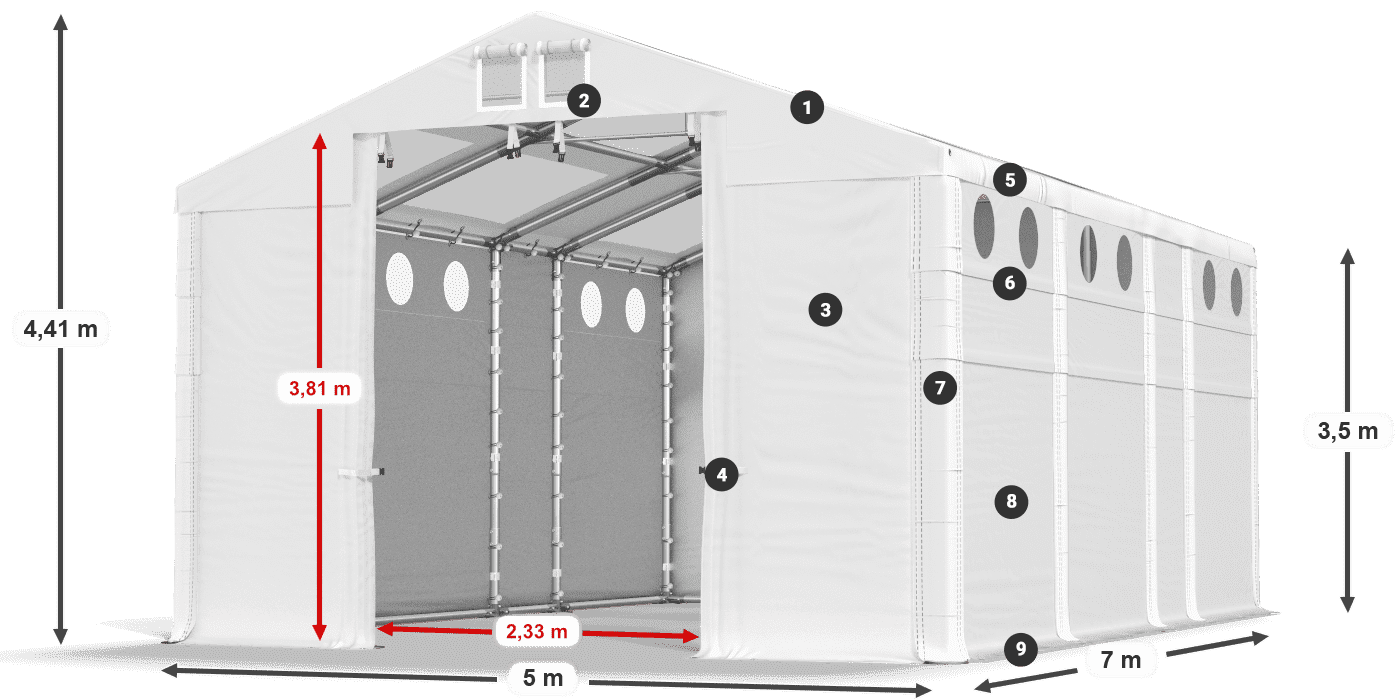 Acoperiș: MS T 580 PVC Pereţi: FR O 620 PVC 3.5 m legenda