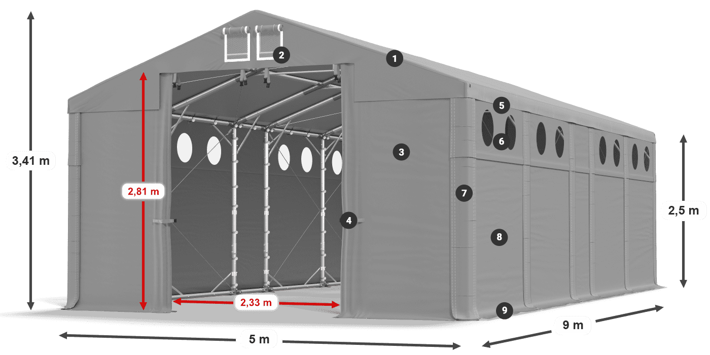 Acoperiș: MS 580 PVC Pereţi: FR O 620 PVC legenda 2.5m