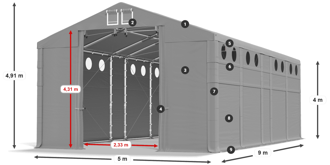 Acoperiș: MS 580 PVC Pereţi: FR O 620 PVC Legenda 4m